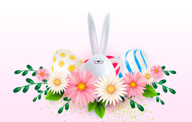 Happy Easter background template with beautiful camomiles and eggs. Vector