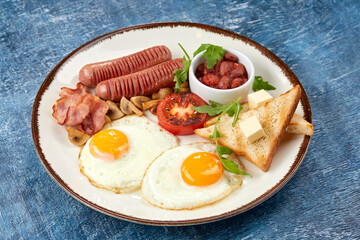 traditional breakfast with egg and sausages