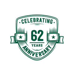 62 years anniversary celebration shield design template. 62nd anniversary logo. Vector and illustration.