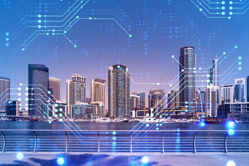 Skyscrapers of Dubai business downtown. International hub of trading and financial services....
