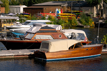 Naklejka premium A bay on the Daugava River filled with yachts, motor boats and small boats in Riga, 22 September 2020.