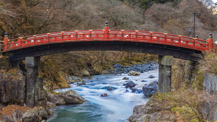 shinkyo bridge in Nikko, Japan. Beautiful old red japanese bridge