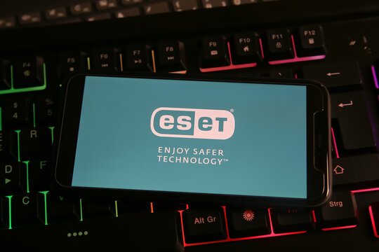 Viersen, Germany - March 1. 2021: Closeup of mobile phone with logo lettering of eset internet computer security software on keyboard
