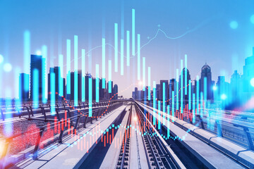 The way towards skyscrapers by modern futuristic train. Tech railway delivers commuters to the financial downtown of Dubai. International business hub. Traffic concept. FOREX graph. Double exposure