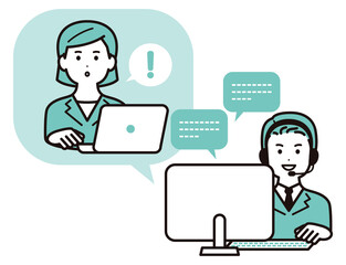 コールセンター、オペレーターの男性と客　オンラインで説明する