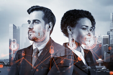 Two colleagues in multinational corporate team thinking about career opportunities at cybersecurity compliance division to protect clients confidential information. IT lock icons over Singapore.