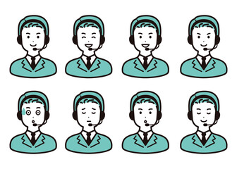 コールセンター、オペレーターの男性　表情バリエーションのアイコンのセット	