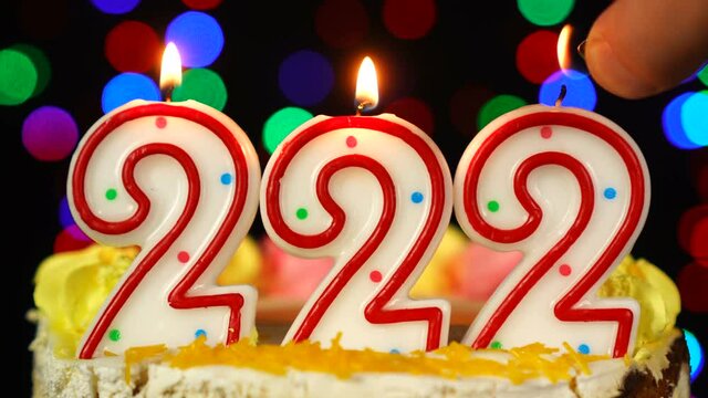 Number 222 Happy Birthday Cake With Burning Candles Topper.