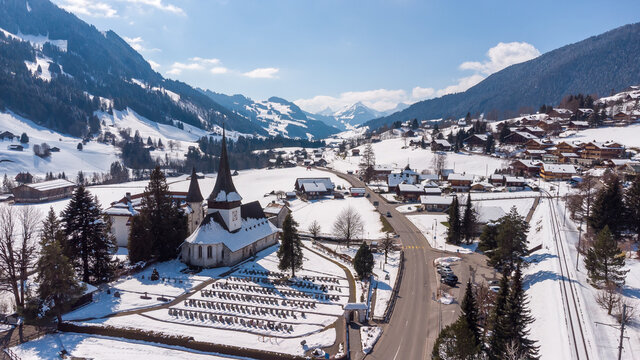 Drone pictures of the village of Rougemont, Switzerland.