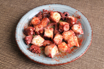 Detail of a portion of Galician octopus (pulpo a feira)
