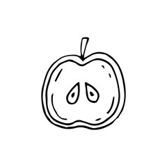 Half an apple. Fruit. Healthy food. Eco. Vector illustration. Freehand drawing. Doodle. Black and white outline. Silhouette. Coloring.