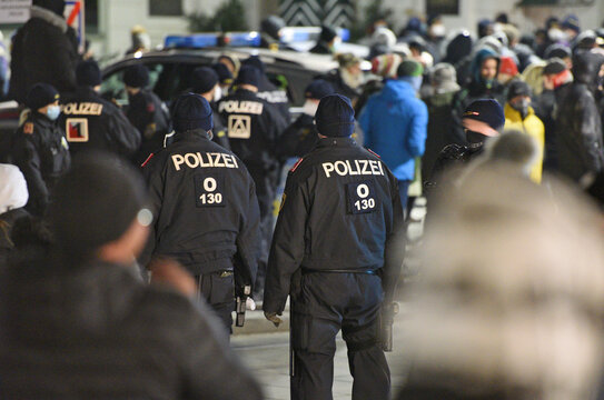 Police control at a corona demonstration in Upper Austria during the corona lockdown, Austria, Europe