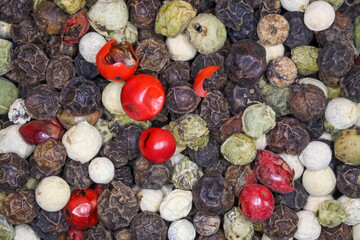 Full frame macro wallpaper closeup of many colorful mixed raw peppercorns