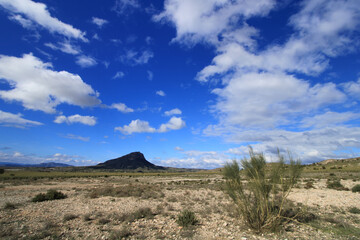 Paisaje llano subdesértico con montaña al fondo y cielo azul con cúmulos. Cieza (Murcia-España).