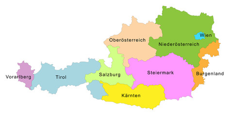 Carte d'Autriche avec représentation des neufs états - Libellés des états en allemand - Textes vectorisés et non vectorisés sur calques séparés