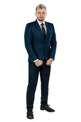 Man Businessman in a business suit in full growth is isolated on a white background. Human gestures concept, body for photomontage.