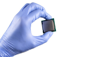 Hand holding a CPU in isolated white blackground