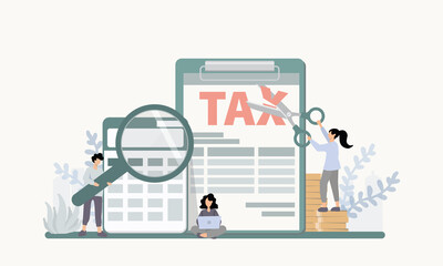 Concept of Tax and Accounting. There are Data analysis, paperwork, financial research report and calculation of tax return. Payment of debt. Vector illustration.