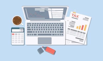 Concept of Tax and Accounting. There are Data analysis, paperwork, financial research report and calculation of tax return. Payment of debt. Vector illustration.