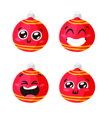 Hand drawn Christmas Emoji Ball on white background. Creative flat art. Actual vector drawing decorations toy. Cartoon Character Emoticon