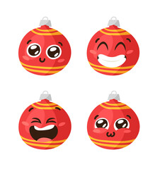 Hand drawn Christmas Emoji Ball Toy on white background. Creative flat art work. Actual vector drawing decorations. Cartoon Character Emoticon