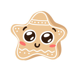 Hand drawn Christmas Emoji Gingerbread Cookie Star on white background. Creative flat art work. Actual vector drawing decorations. Cartoon Character Emoticon