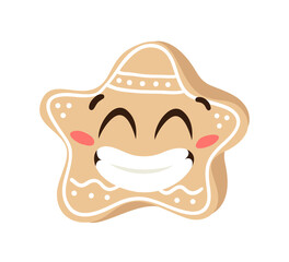 Hand drawn Christmas Emoji Gingerbread Cookie Star on white background. Creative flat art work. Actual vector drawing decorations. Cartoon Character Emoticon