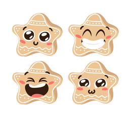 Hand drawn Christmas Emoji Gingerbread Cookie Star on white background. Creative flat art work. Actual vector drawing decorations. Cartoon Character Emoticon