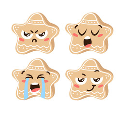 Hand drawn Christmas Emoji Gingerbread Cookie Star on white background. Creative flat art work. Actual vector drawing decorations. Cartoon Character Emoticon