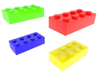 Different colored and toy bricks on white