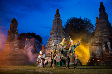 Ramayana story. The battle of Rama, Prangsorn. Thailand Dancing in masked perform a Thai traditional masked ballet (Khon). Thai culture dancing art in masked khon.