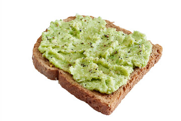 Brown cereal bread toast with salted and peppered avocado paste  isolated