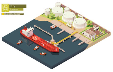 Vector isometric cargo port oil depot with tanker ship. Tanker loading oil at crude oil trading terminal. Vessel bunkering at oil storage - 422070708