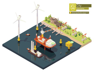 Vector isometric offshore wind farm and power plant construction. Includes turbine installation vessel with crane and barge loaded with wind turbine parts, transformer station, power station