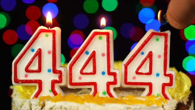 Number 444 Happy Birthday Cake With Burning Candles Topper.