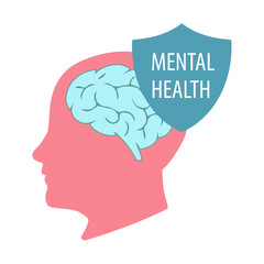 Illustration of the mental health concept vector. World Mental Health Day. A human head with a shield badge. Mental health vector icon. Symbol, logo illustration.