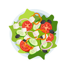 Greek salad on a plate top view. Set of fresh vegetables in a bowl. Vector illustration isolated on a white background.	