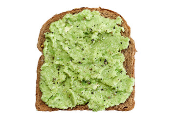 Brown cereal bread toast with salted and peppered avocado paste  isolated