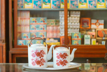 Antique old pink White China Teapot in antique store