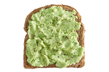Brown cereal bread toast with salted and peppered avocado paste  isolated