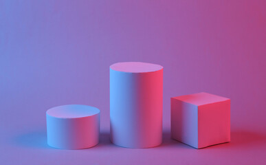 Geometric shapes in red-blue gradient neon light. Creative showcase. Surrealism. Concept art, retro futurism, minimalism