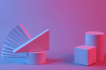 Geometric shapes in red-blue gradient neon light. Creative showcase. Surrealism. Concept art, retro...