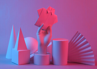 Hand holding origami shirt, Geometric shapes in red-blue gradient neon light. Creative showcase....