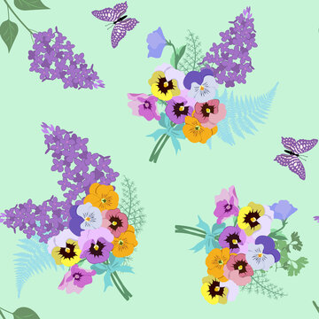 Seamless vector spring illustration with bouquet pansies, lilac and butterflies.