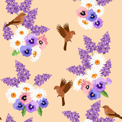Seamless vector spring illustration with bouquet pansies, lilac, chamomiles and birds on a beige background.