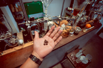 Coffee beans on the hands of a lab researcher For testing the quality of coffee beans used in the beverage industry.