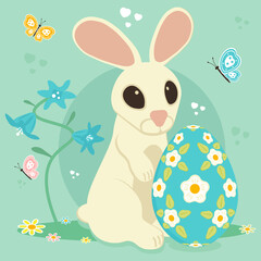 Happy easter background. Cartoon rabbit on a spring background with a beautiful ornament of flowers on a blue egg, flowers and butterflies. Vector illustration.