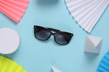 Sunglasses on abstract background with geometric shapes. Minimalism. Concept art. Creative layout