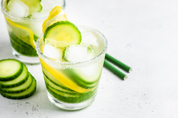 Mojito, lemon cucumber summer drinks. Space for text.