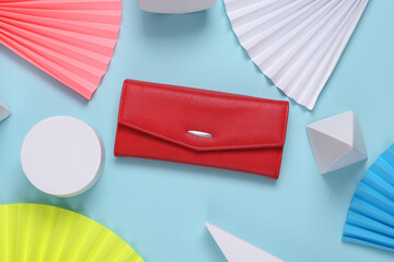 Purse on abstract background with geometric shapes. Minimalism. Concept art. Creative layout